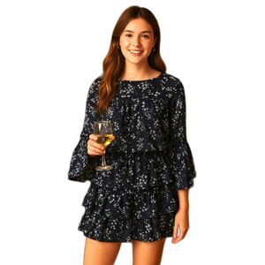 MK Tiered Ruffles Skirt and Blouse Set Size XS Blue Floral Print Office Party